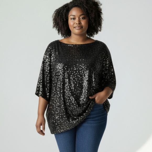 Diane Gilman DG2 Black Sequin Front Batwing Oversized Comfy Knit Top Sz 2X - Picture 1 of 8
